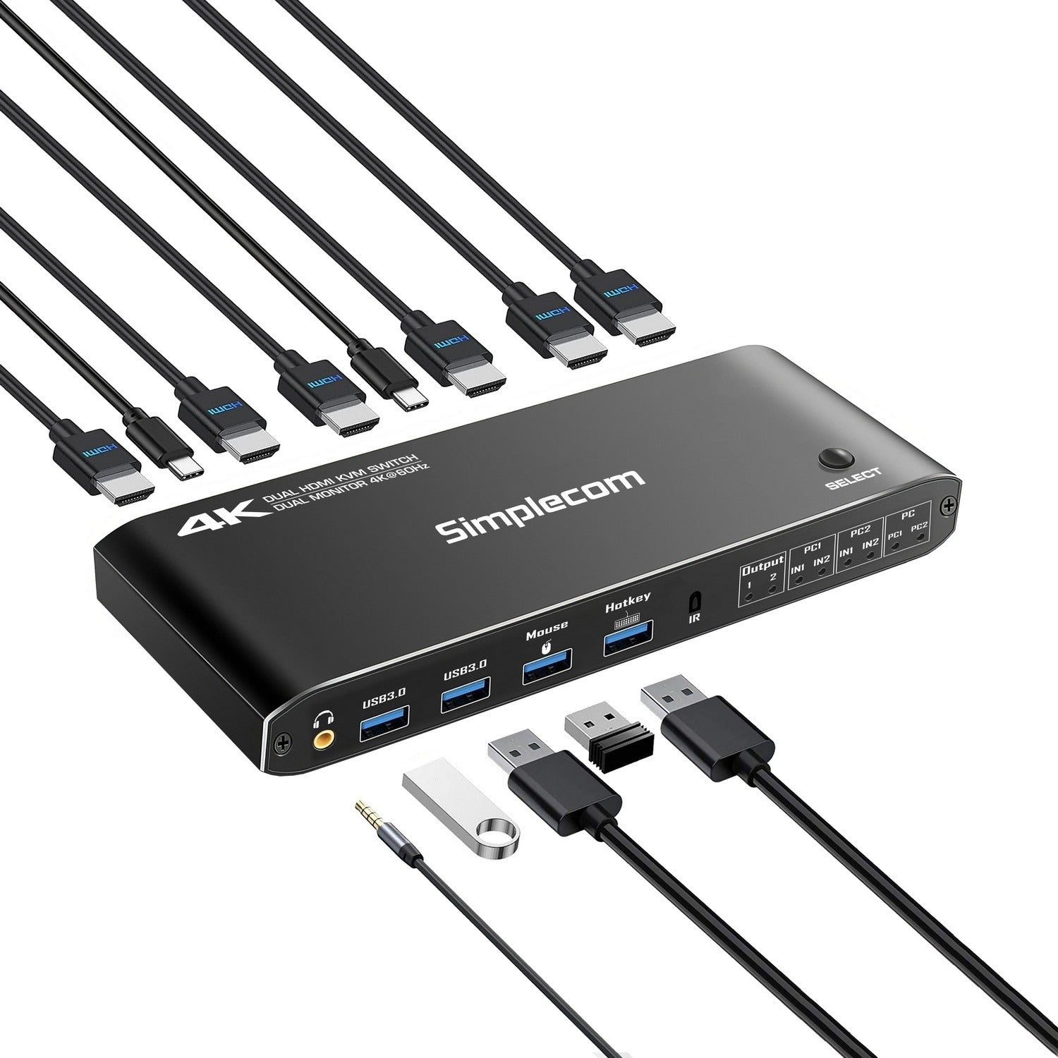 Simplecom KM430 Dual HDMI KVM Switch for 2 Computers with 4-Port USB Hub 4K@60Hz