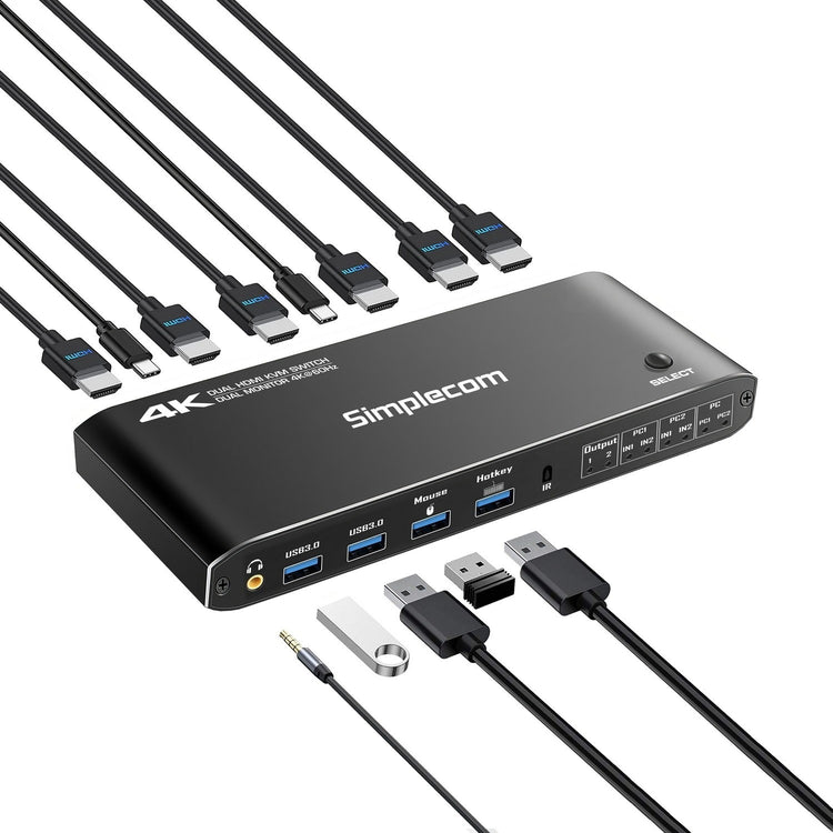 Simplecom KM430 Dual HDMI KVM Switch for 2 Computers with 4-Port USB Hub 4K@60Hz