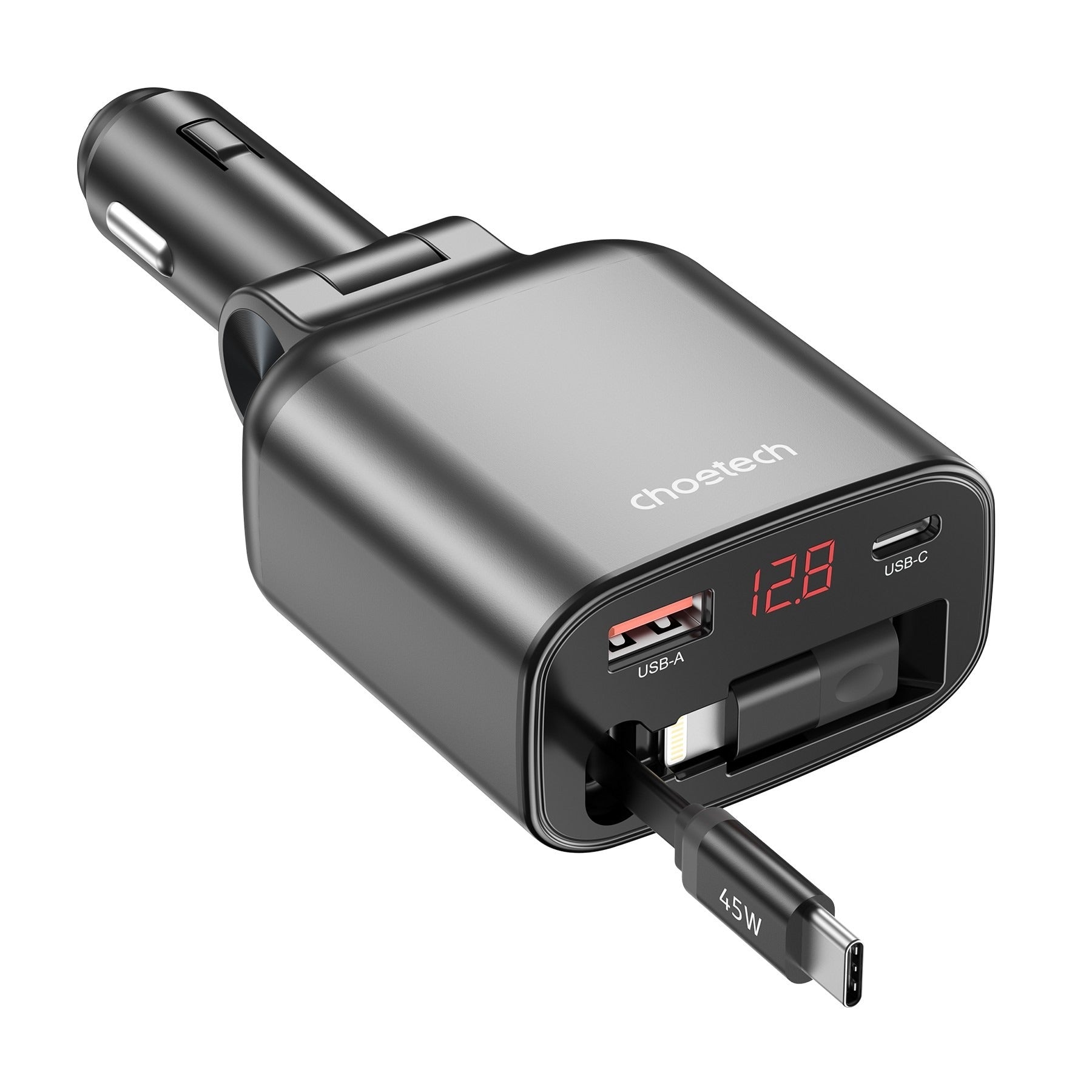 Choetech 105W Car Charger with Retractable USB-C Lightning Cables
