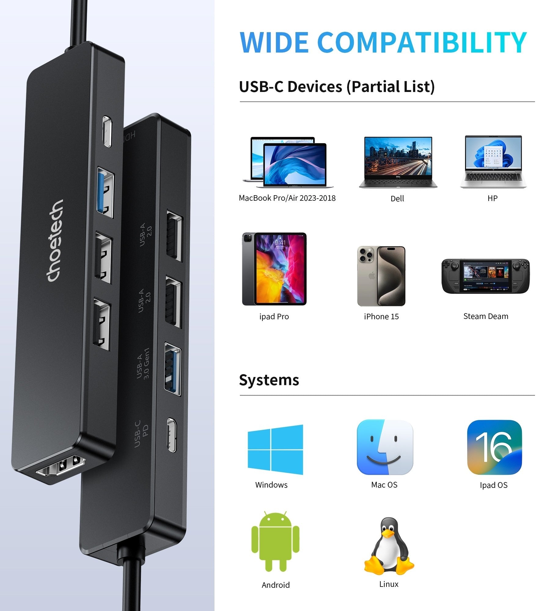 Choetech USB-C 5-in-1 HDMI Hub Multiport Adapter for Laptop