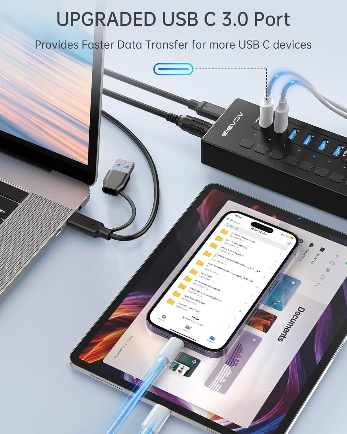 ACASIS 16 Port Powered USB Hub 5Gbps with On/Off Switches and 60W Adapter for PC Laptop