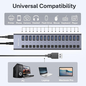 ACASIS 16 Port USB 3.2 Gen2 Powered USB-A Hub 10Gbps with On/Off Switches