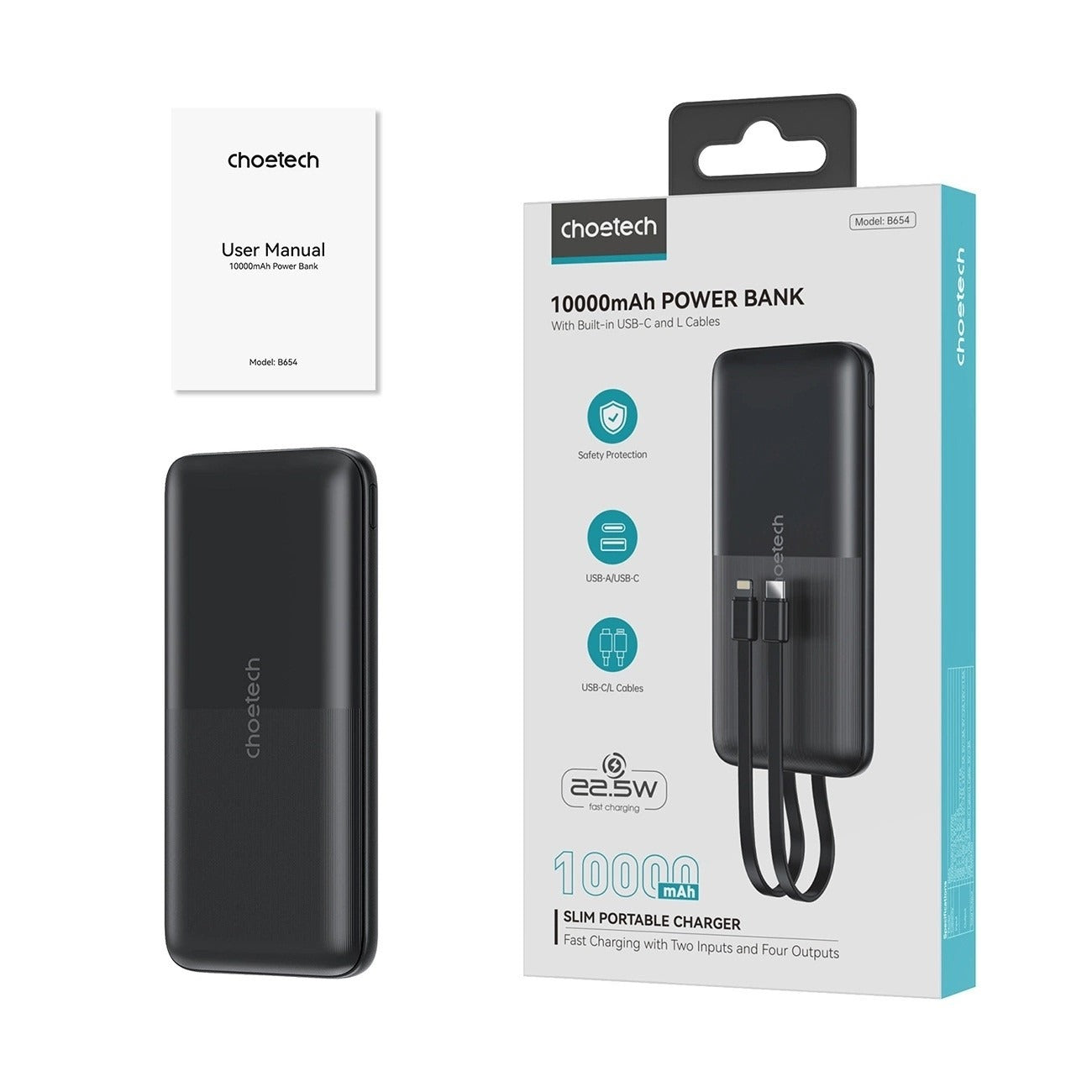 Choetech 10000mAh 22.5W Power Bank with Built-in USB-C and Lightning Cables