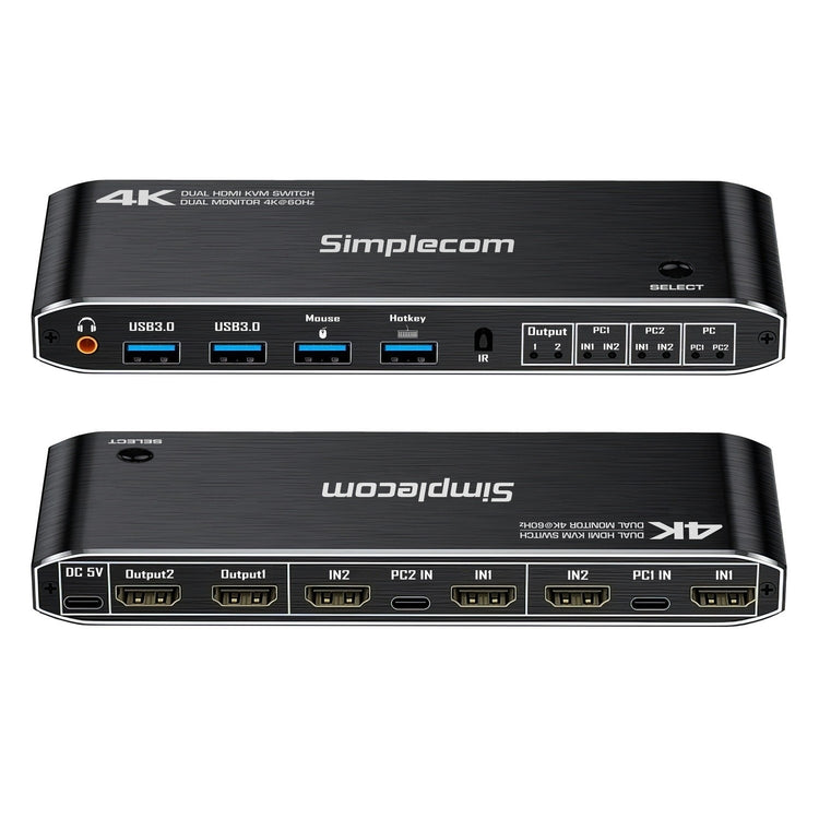 Simplecom KM430 Dual HDMI KVM Switch for 2 Computers with 4-Port USB Hub 4K@60Hz