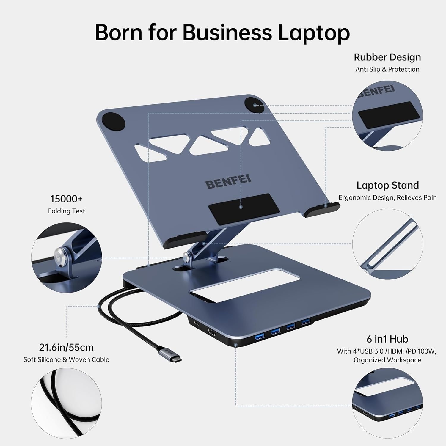 BENFEI Laptop Stand with 6-in-1 USB-C 4K 60Hz HDMI & 100W PD Docking Station