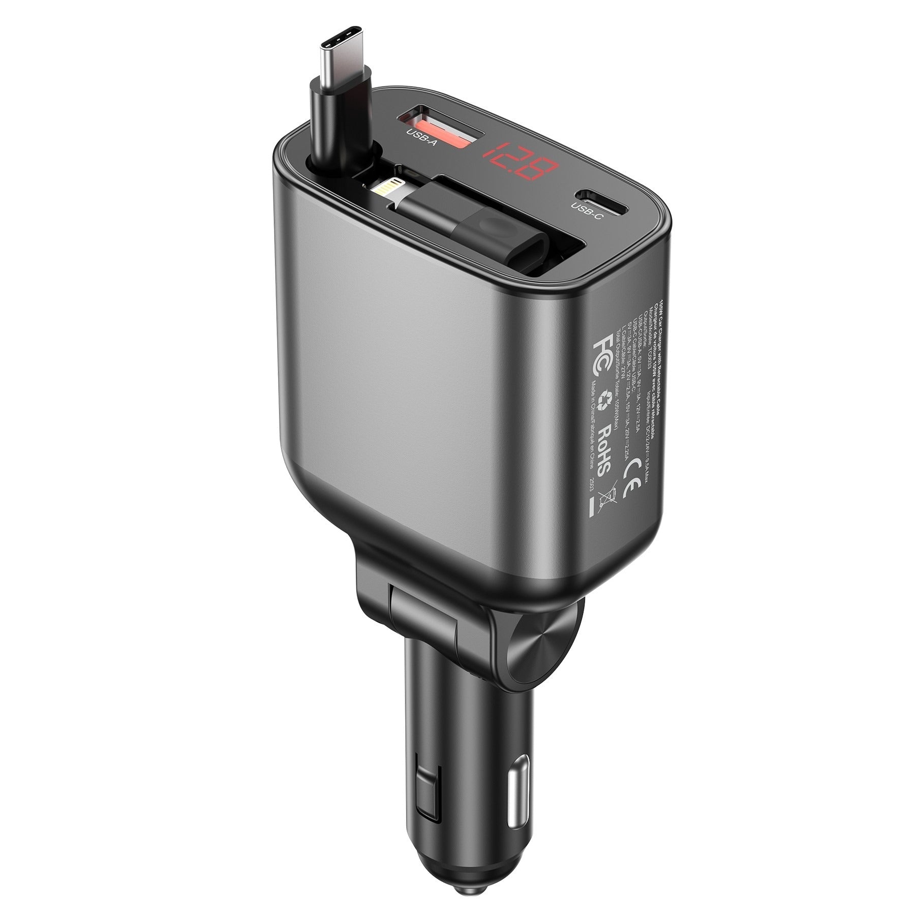 Choetech 105W Car Charger with Retractable USB-C Lightning Cables