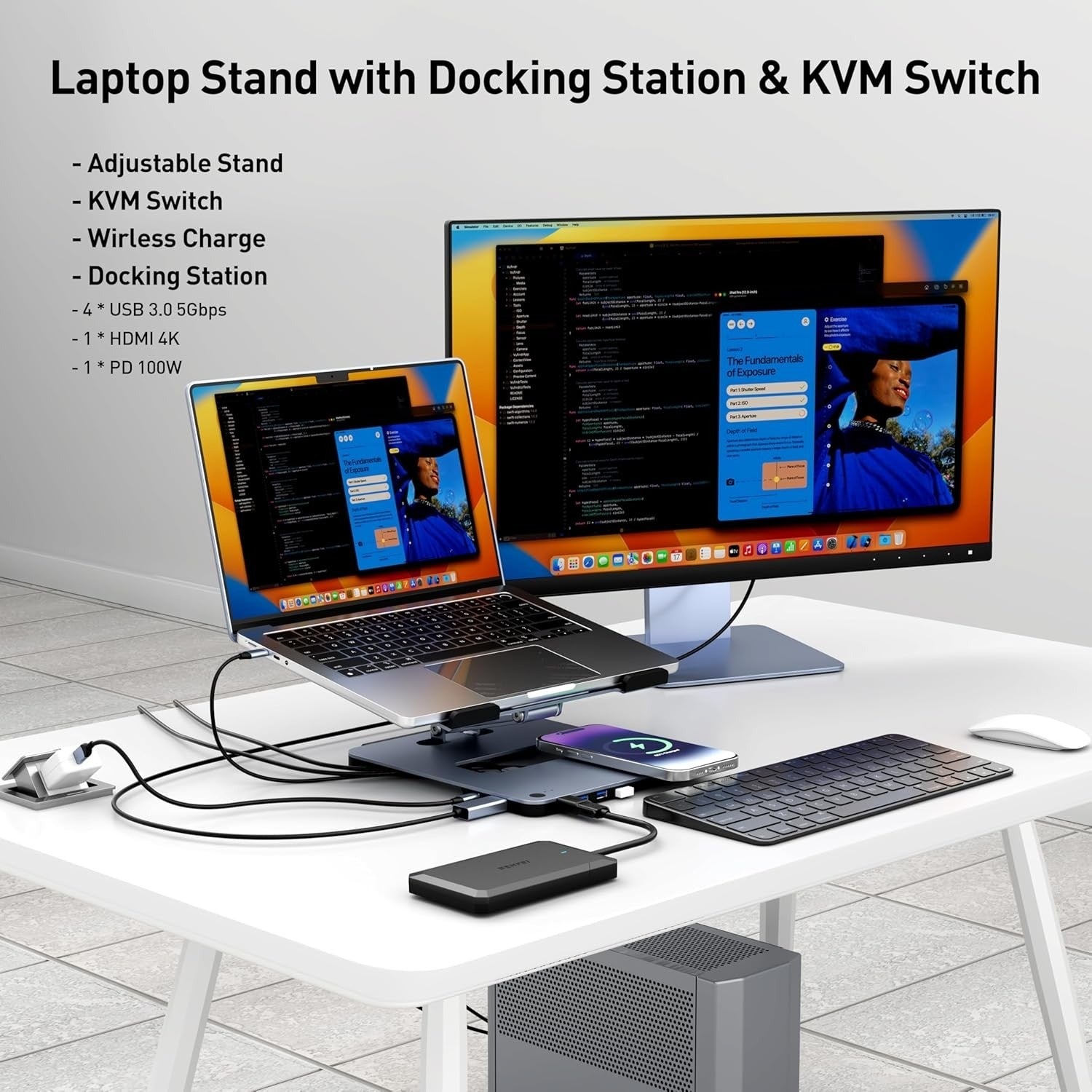 BENFEI Laptop Stand with Integrated 6-in-1 USB-C Hub & 15W Wireless Charger