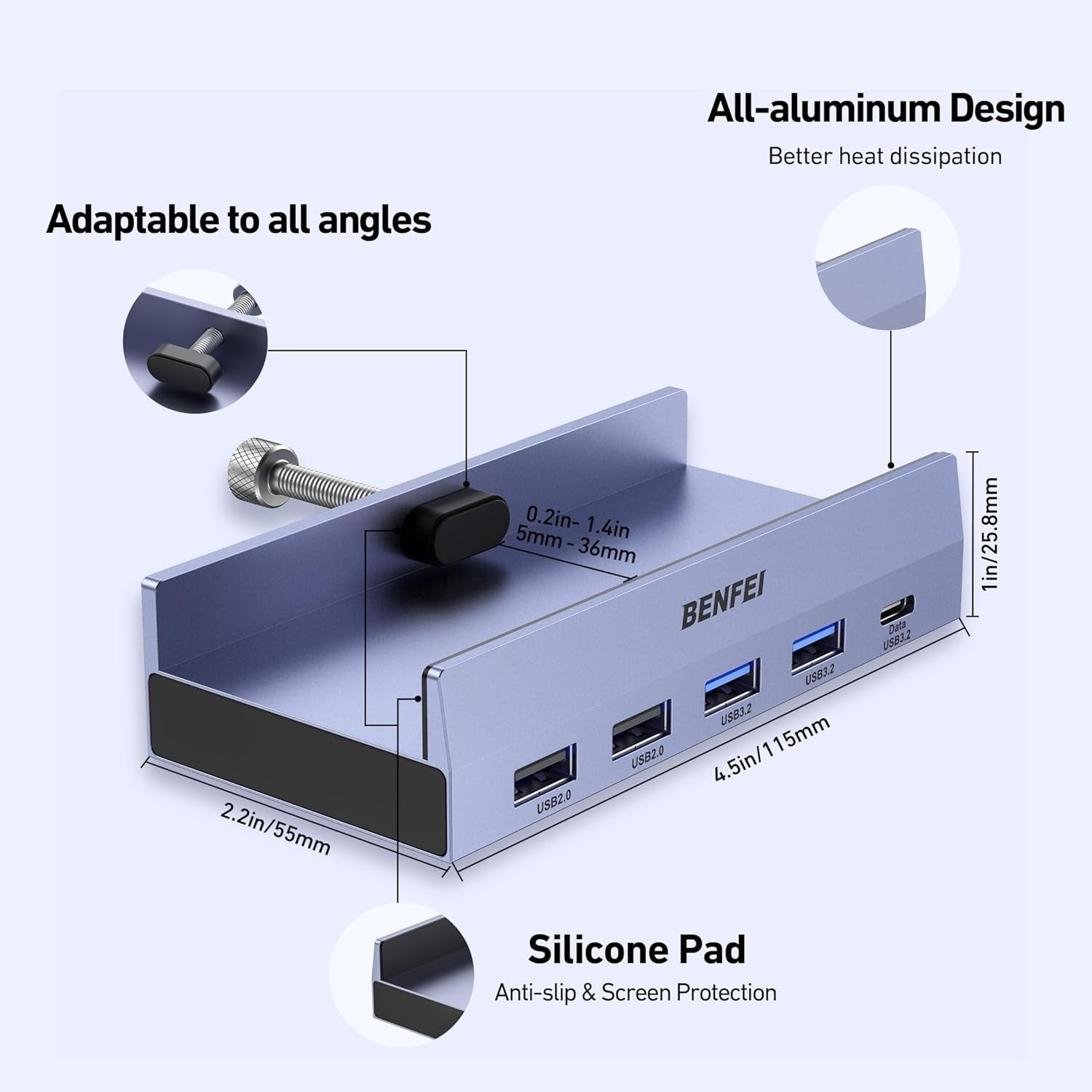 BENFEI 8-in-1 USB-C Hub with Secure Clamp 4K 60Hz HDMI & 100W Power Delivery