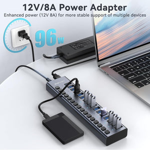 ACASIS 16 Port USB 3.2 Gen2 Powered USB-A Hub 10Gbps with On/Off Switches