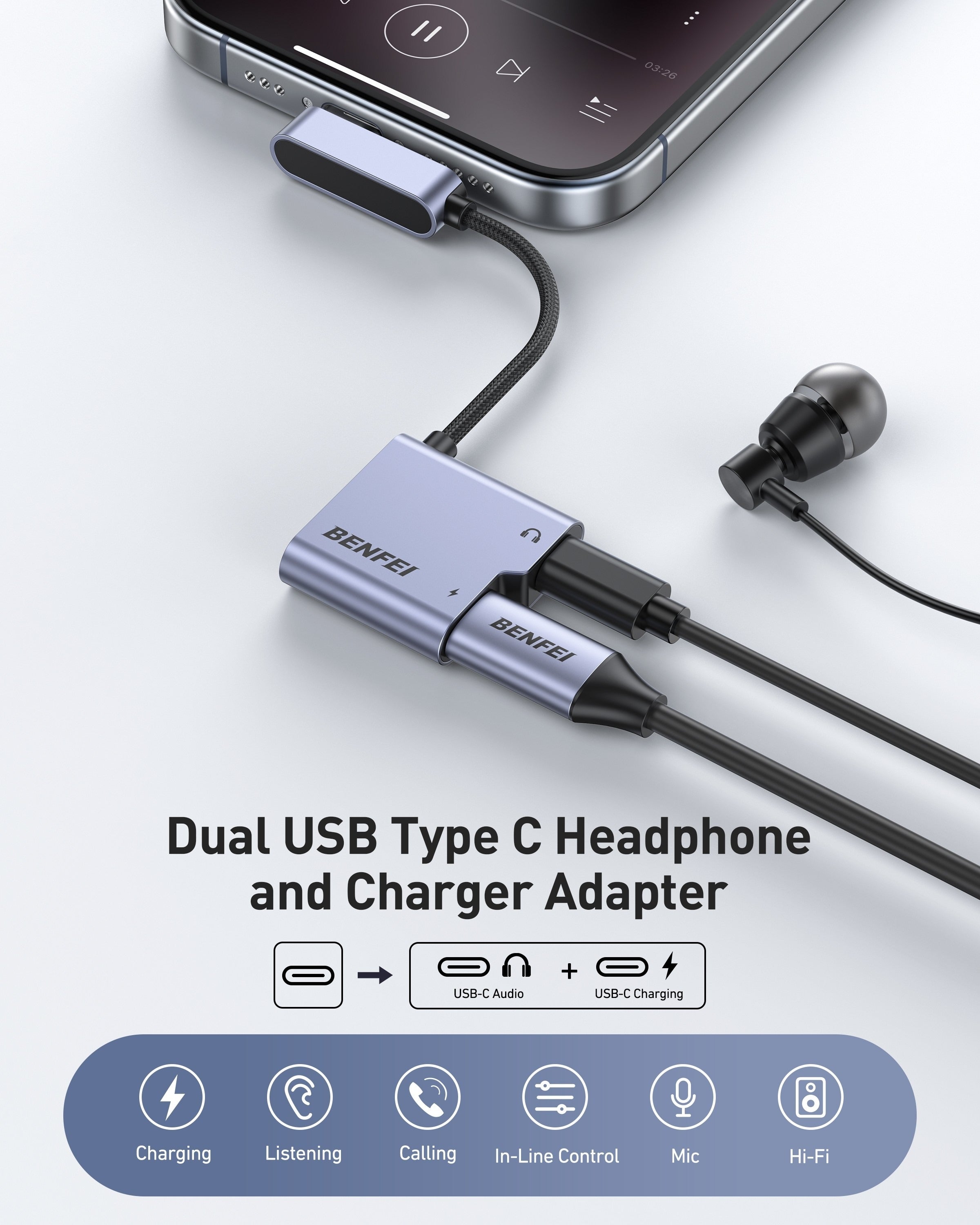 BENFEI USB-C to USB-C Audio Headphone Jack 60W Charging Adapter