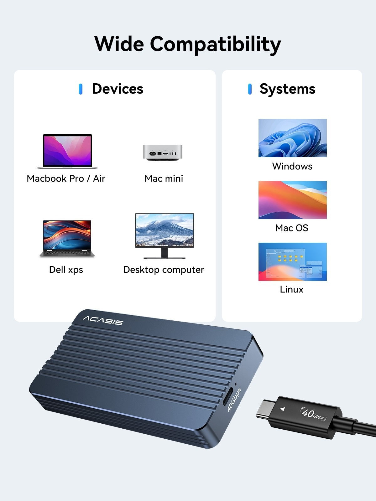ACASIS 40Gbps USB4 M.2 NVMe SSD Enclosure Thunderbolt 4/3 Compatible Tool-Free