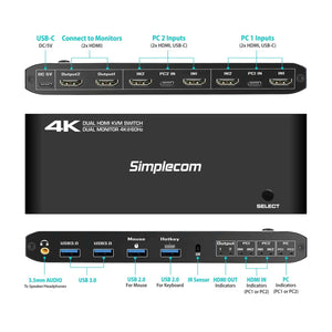 Simplecom KM430 Dual HDMI KVM Switch for 2 Computers with 4-Port USB Hub 4K@60Hz