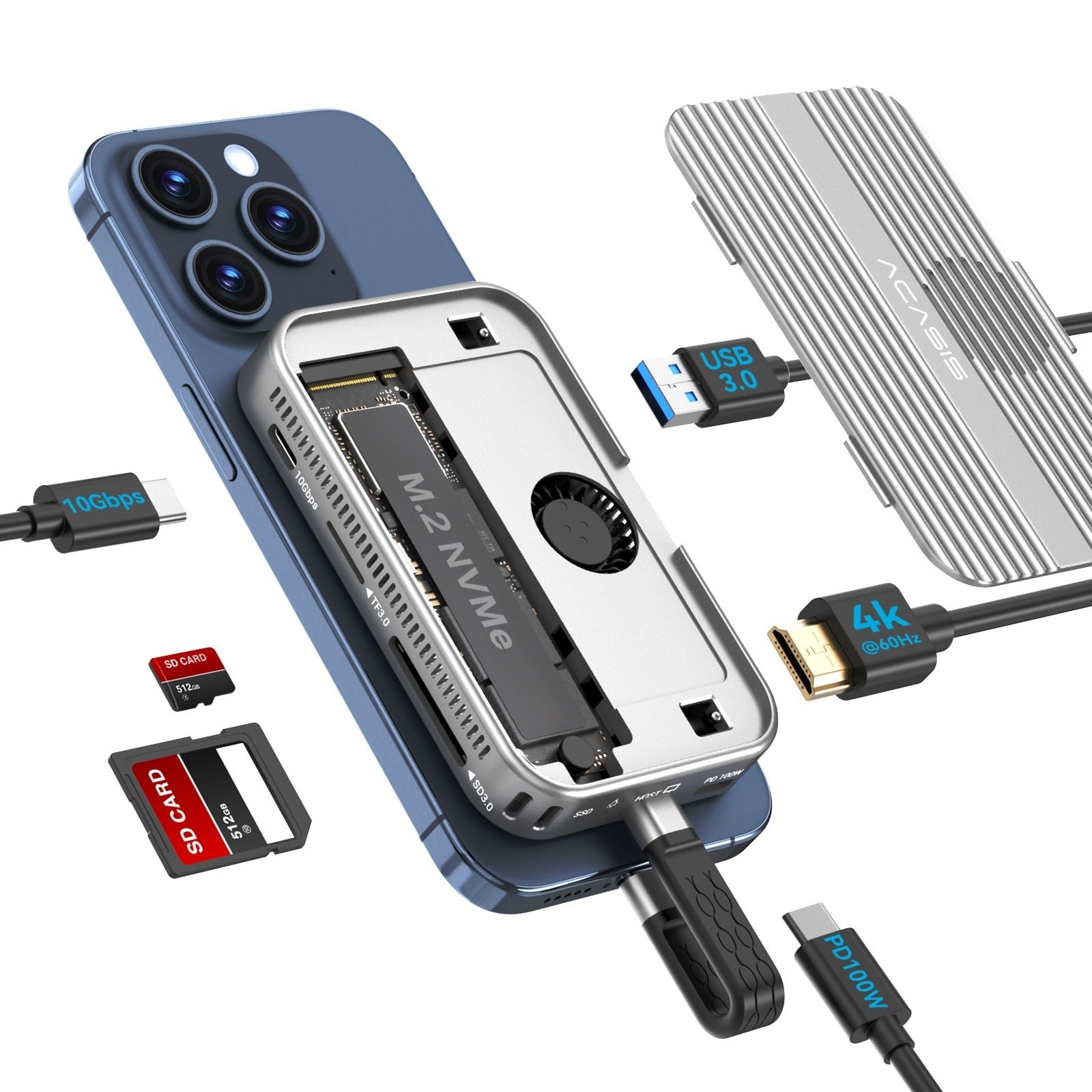 ACASIS 6 in 1 USB-C Hub with 10Gbps M.2 NVMe SSD Enclosure 4K HDMI Magnetic for iPhone