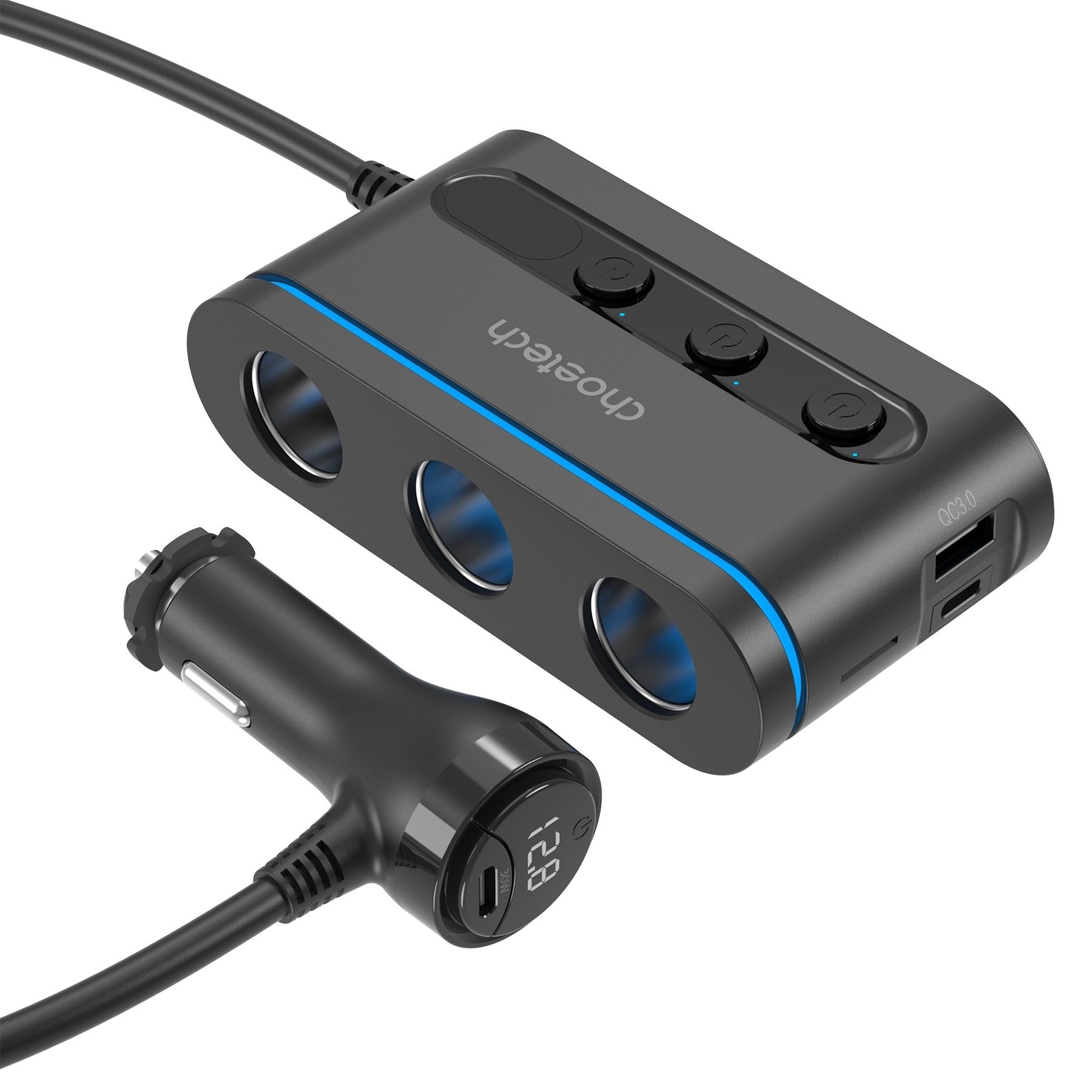 Choetech 78W 3-in-1 Car Charger Cigarette Lighter Splitter USB-C QC3.0