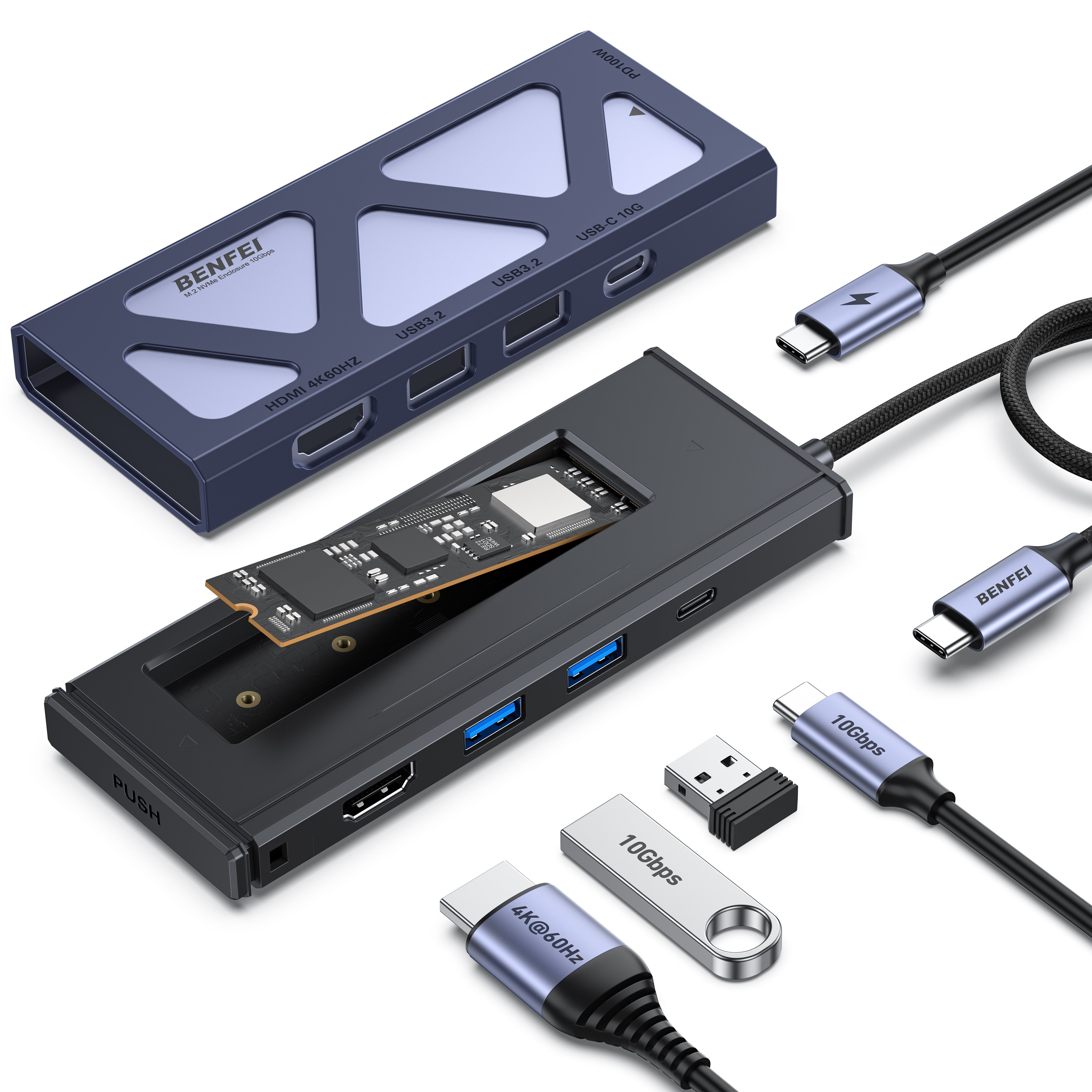 BENFEI 6-in-1 M.2 NVMe Enclosure with Integrated USB-C Hub & 4K HDMI
