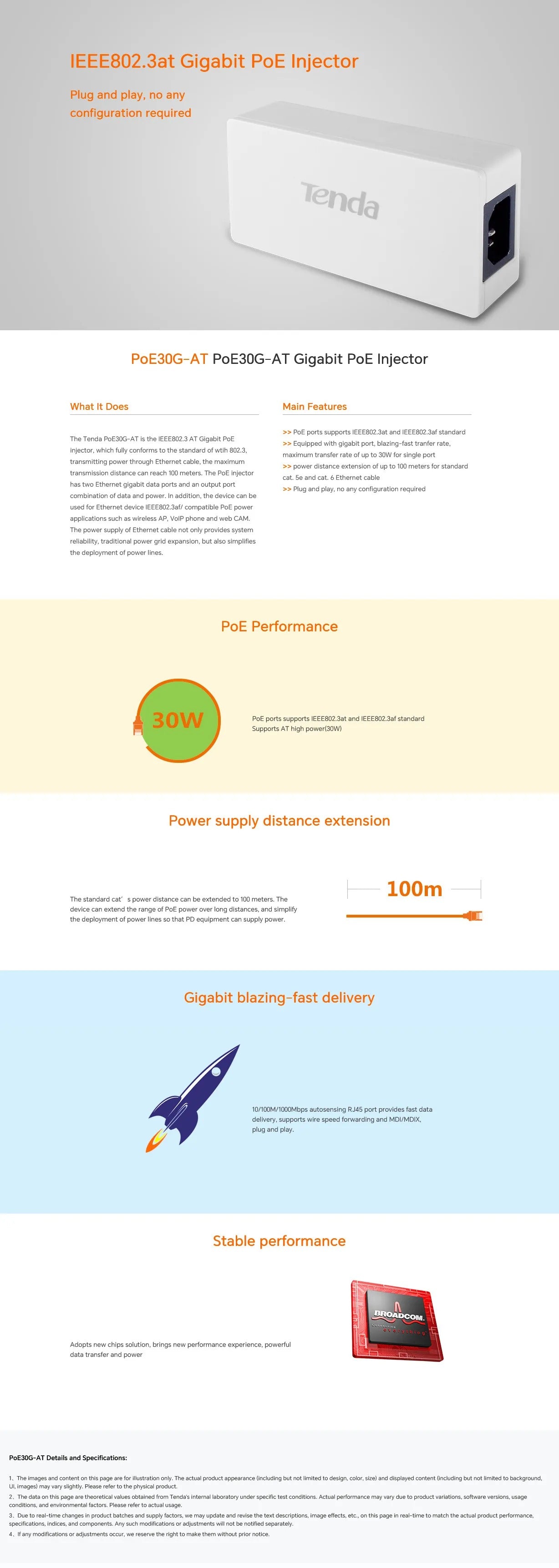 Tenda PoE30G-AT Gigabit PoE+ Injector for IP Cameras and Wireless APs