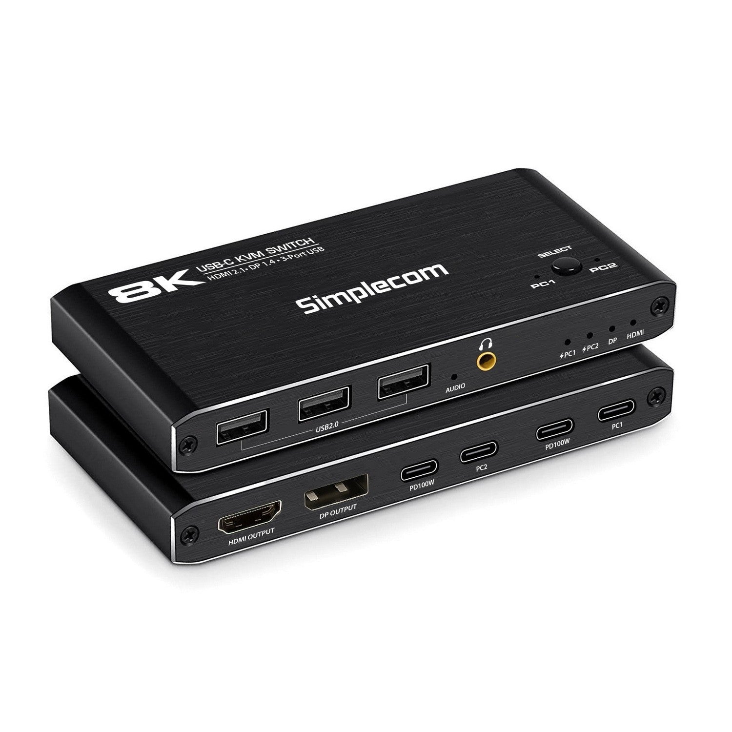 Simplecom 2 Port USB-C KVM Switch 8K Docking Station HDMI 2.1 DP for Laptop Tablet