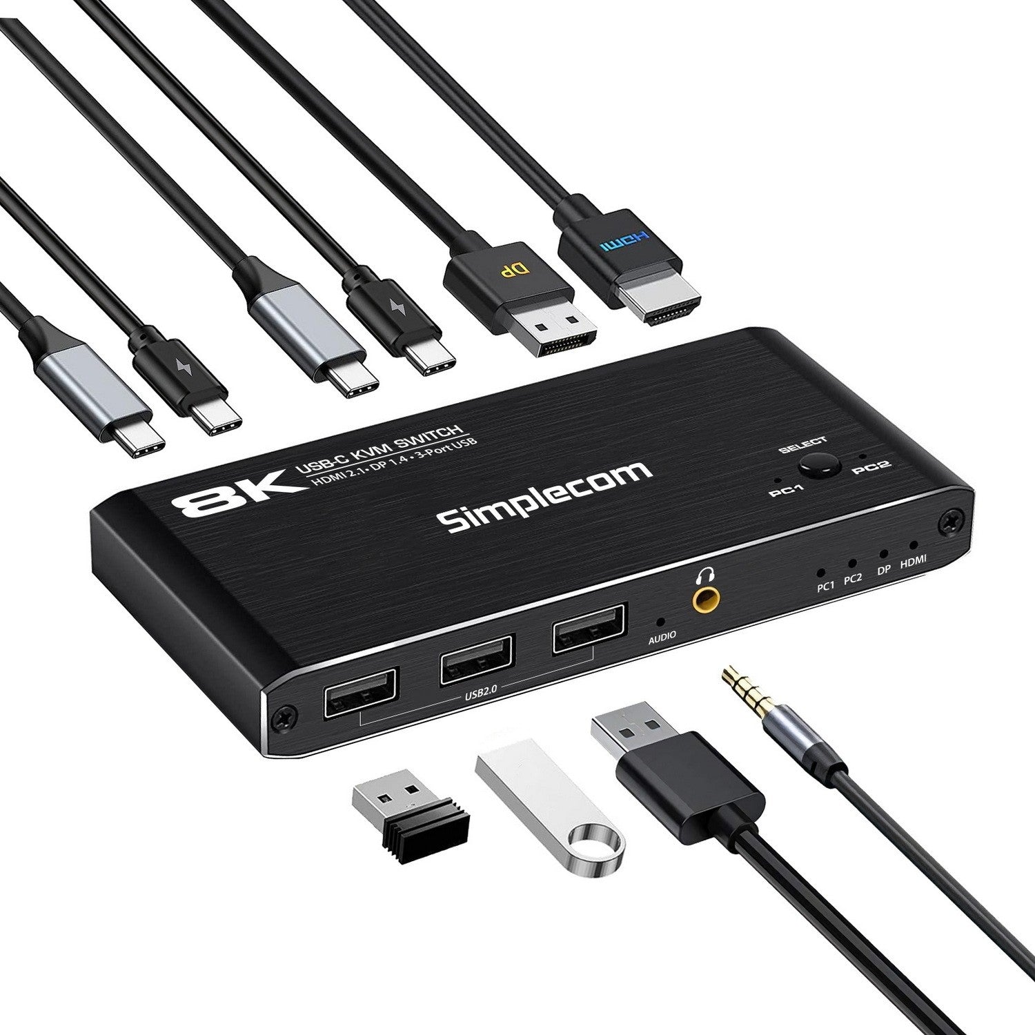 Simplecom 2 Port USB-C KVM Switch 8K Docking Station HDMI 2.1 DP for Laptop Tablet