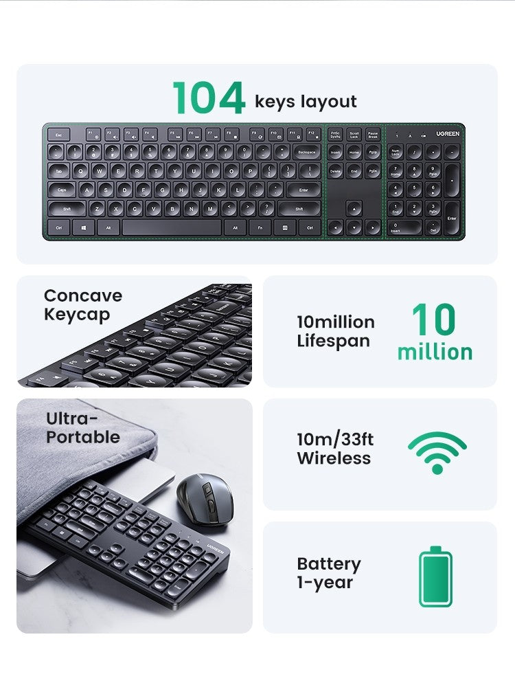 UGREEN Wireless Keyboard 2.4G Ergonomic 104 Keys for Computer Laptop PC