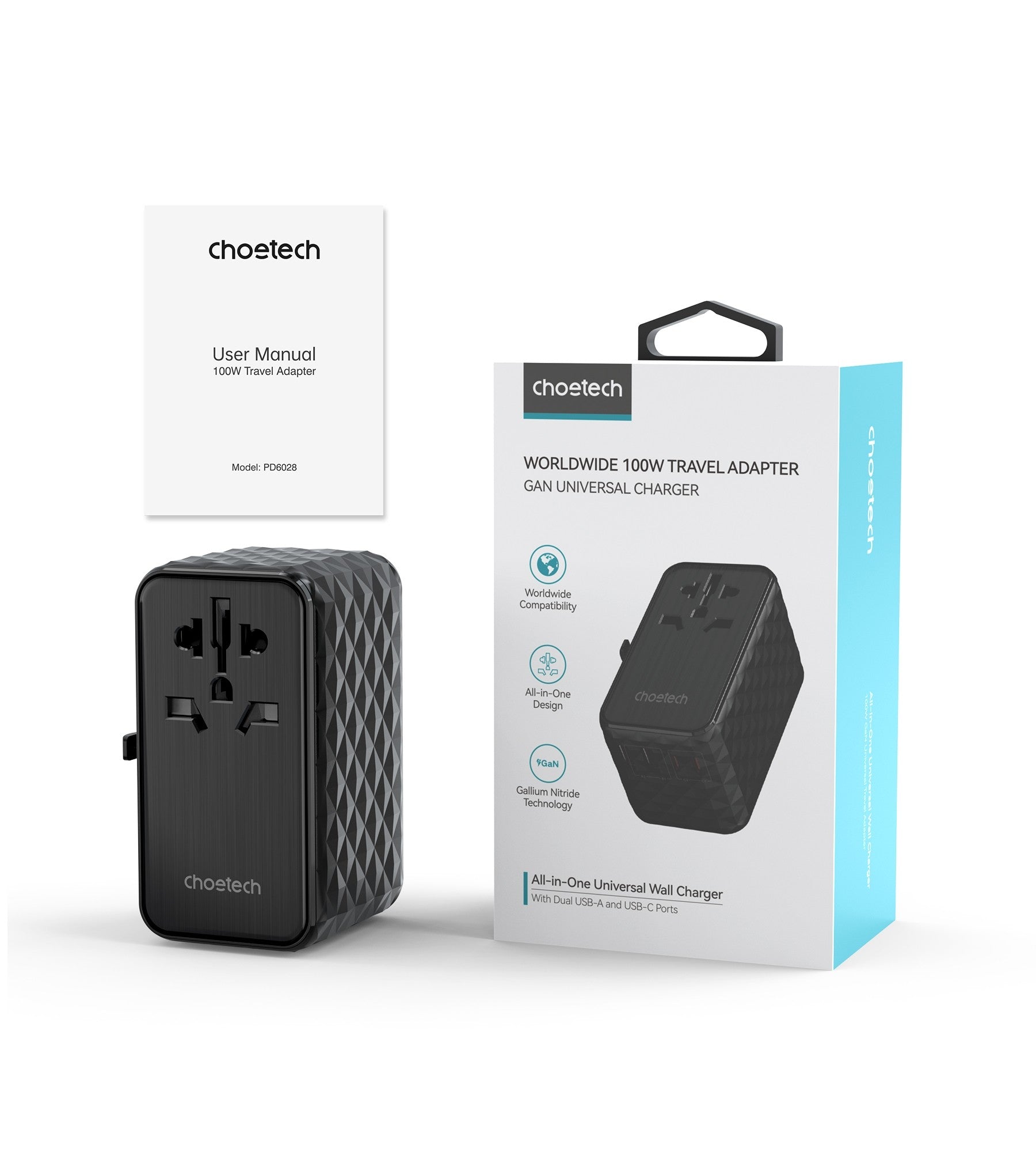 Choetech 100W GaN 5 Port Universal Travel Adapter Plug Wall Charger USB-C + USB-A