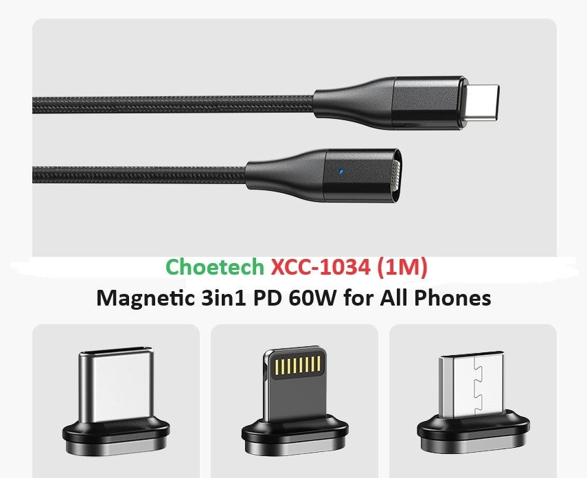 Choetech 60W 3-in-1 USB Type-C to USB-C, Lightning, Micro-USB Braided Magnetic Cable