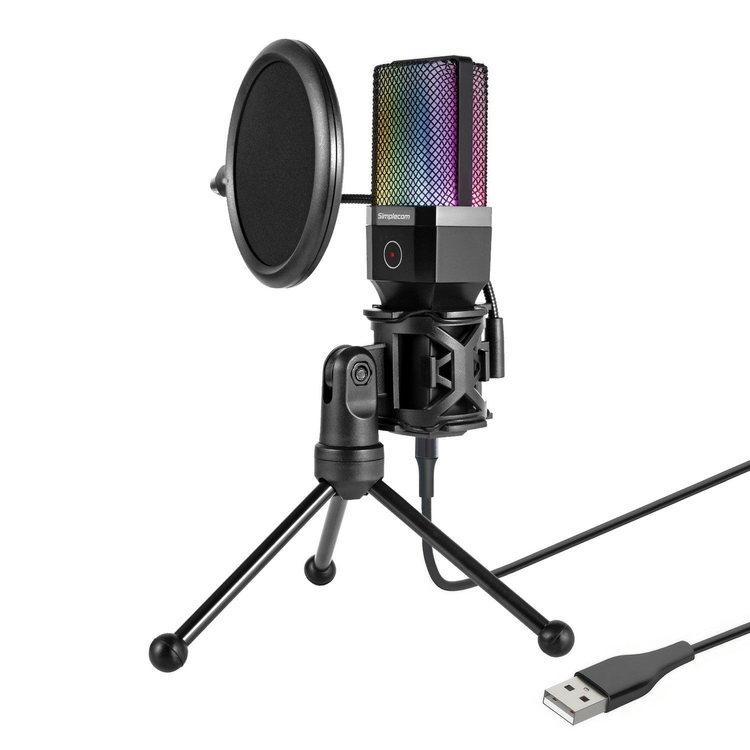 Simplecom USB Cardioid Condenser Microphone Gaming RGB Lights with Tripod & Pop Filter