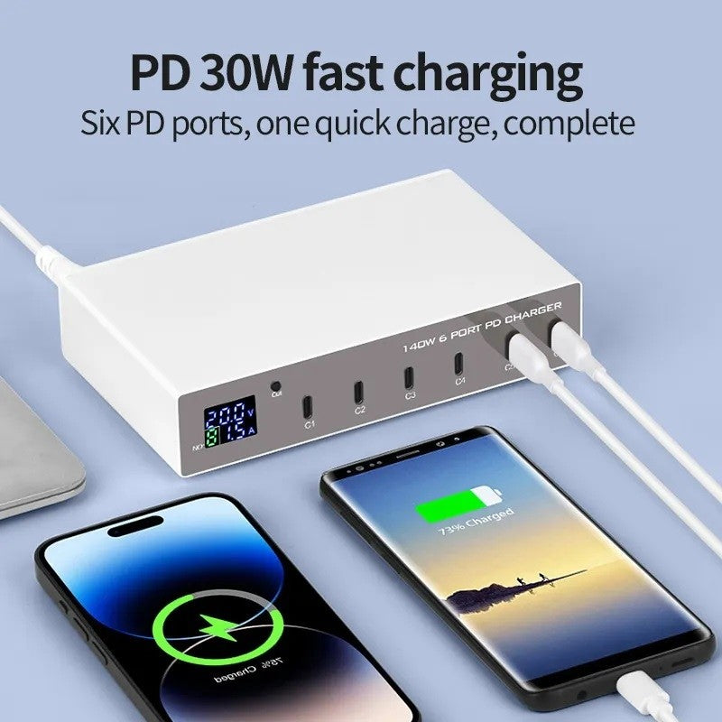 6 Port USB Type-C 140W PD Hub Docking Station Fast Charger LED Screen