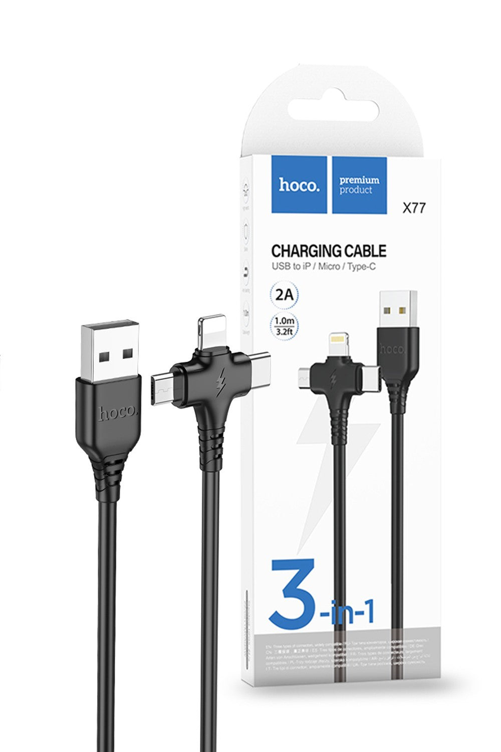 Hoco 3 in 1 USB-A to USB-C Lightning Micro-USB Charging Cable X77