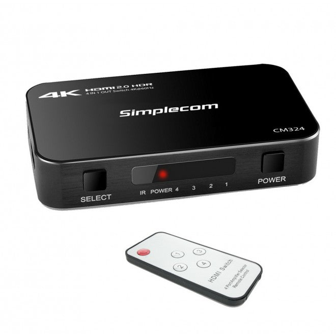 Simplecom 4 Way HDMI Switch  4 In 1 Out Splitter HDCP 2.2 4K @60Hz UHD HDR