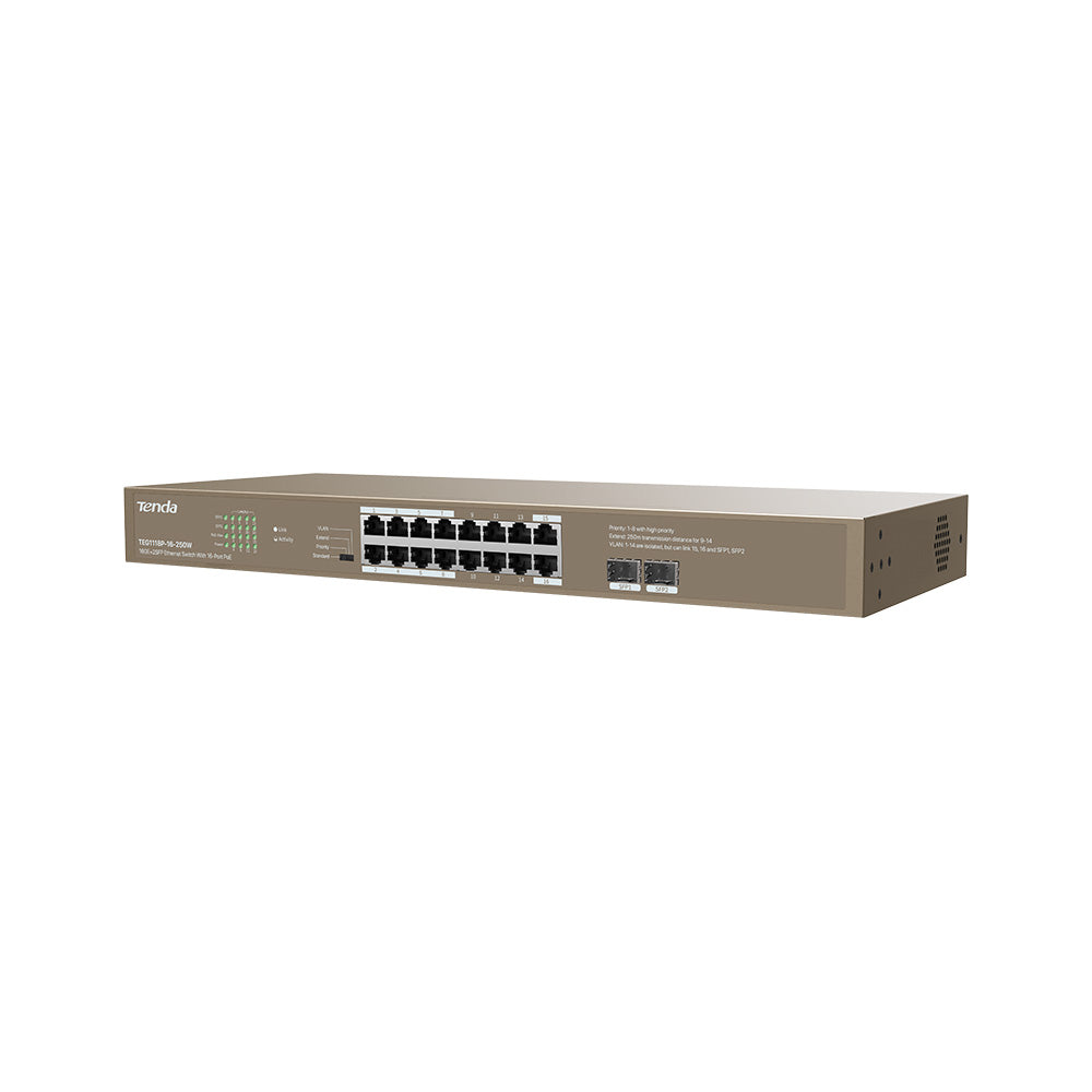 Tenda TEG1118P-16-250W 16GE + 2SFP Port PoE Gigabit Switch