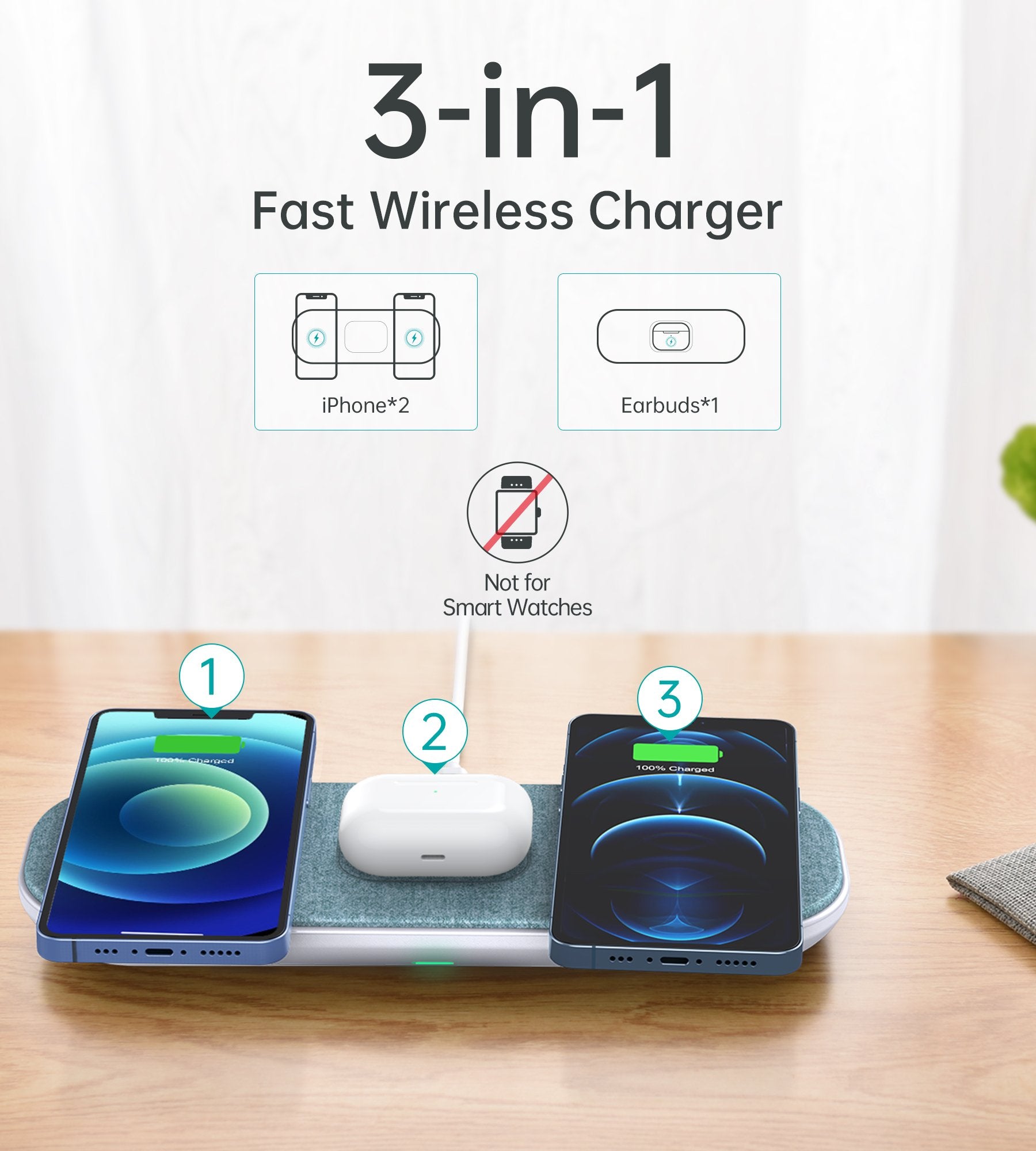 Choetech 3 in 1 Dual Qi Wireless Charger Earbuds Set