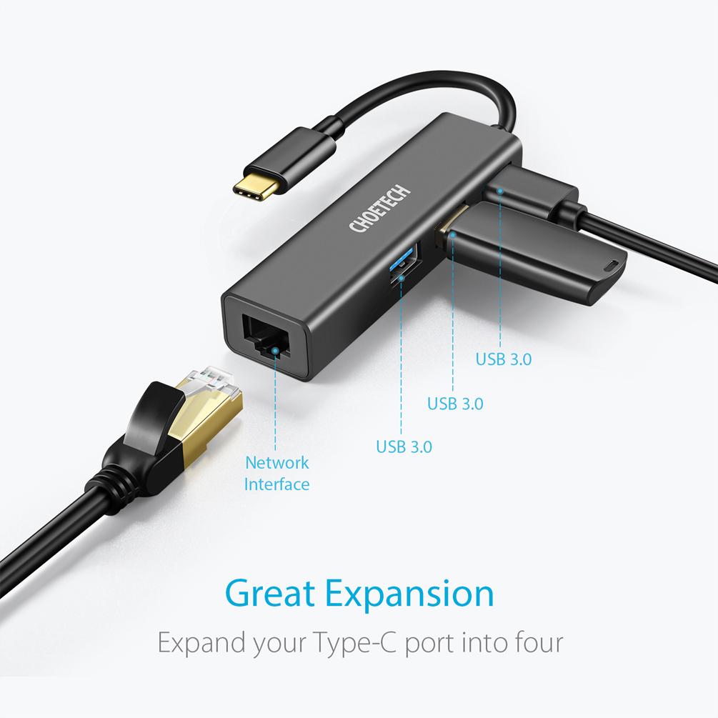 Choetech 4 in 1 USB-C to RJ45 Gigabit Ethernet LAN Network Hub