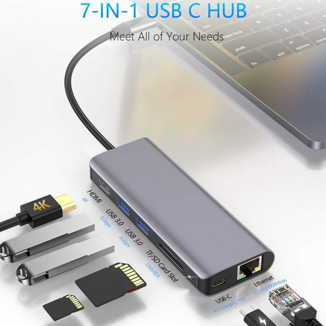 7 in 1 USB-C Type-C Hub USB 3.0 + 4K HDMI + RJ45 Ports for Laptop