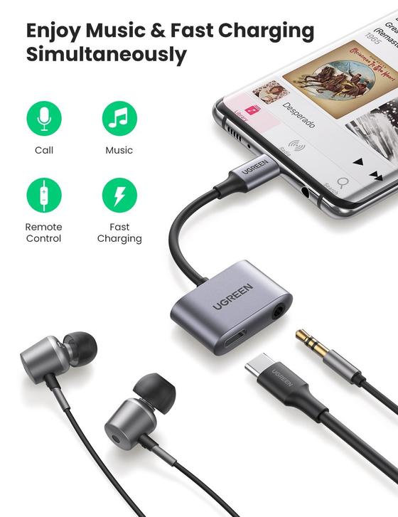 UGREEN 2 in 1 USB-C to 3.5mm Headphone and Charger Audio AUX Adapter with DAC Chip