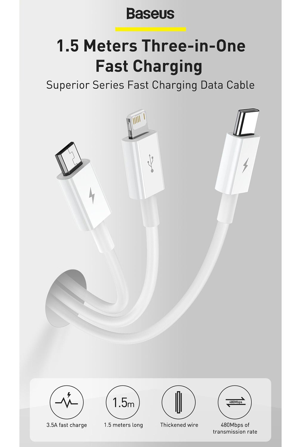 Baseus 3 in 1 3.5A USB to USB-C Lightning Micro-USB Charging Cable