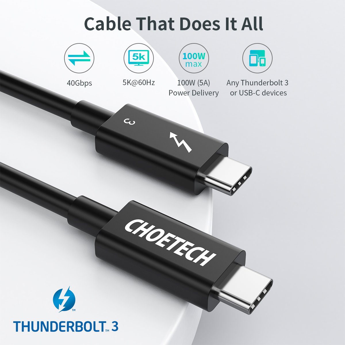 Choetech Thunderbolt 3 TB3 Cable 40Gbps 100W 5K Display 0.8m