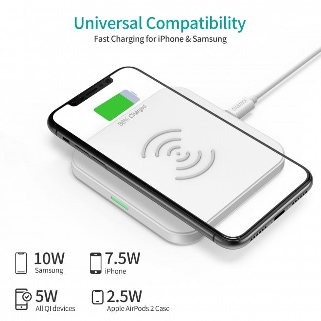 Choetech 10W Wireless Charging Slim Pad Qi Certified Charger White