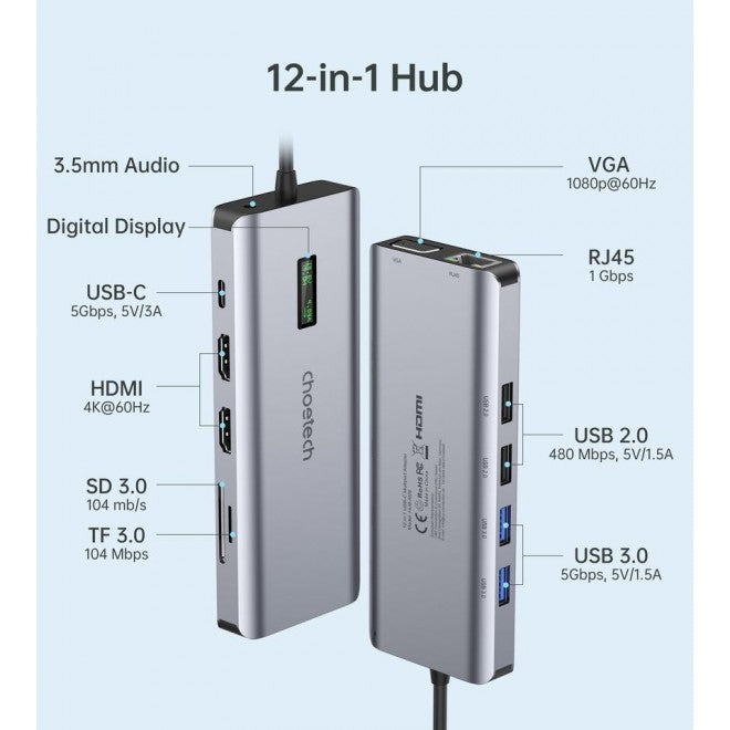 Choetech 12 in 1 USB-C Type-C Hub Adapter Dock HDMI VGA Ethernet for Laptop