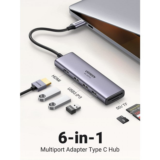 UGREEN 6-in-1 USB-C Hub Multiport Adapter with 4K HDMI, 100W PD, 3 Port USB, SD/TF Card Reader