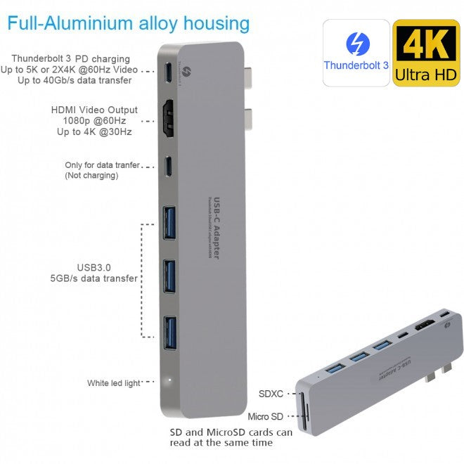 8 in 1 USB-C Hub USB 3.0 + HDMI + Thunderbolt Ports for MacBook Pro