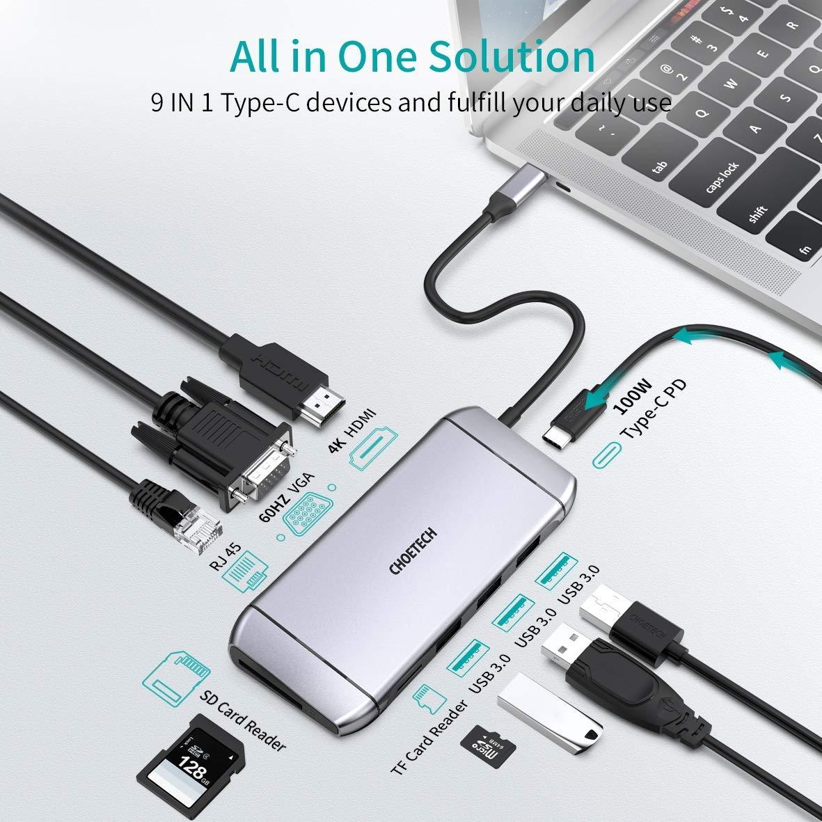 Choetech 9 in 1 USB-C Type-C Hub Adapter HDMI VGA Ethernet