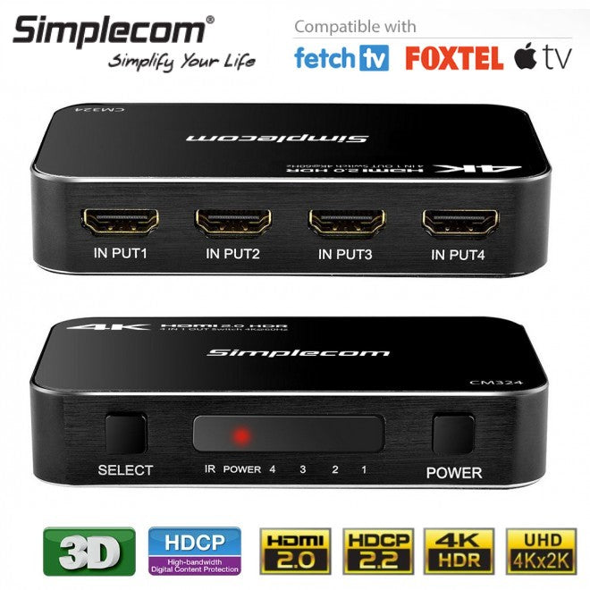 Simplecom 4 Way HDMI Switch  4 In 1 Out Splitter HDCP 2.2 4K @60Hz UHD HDR