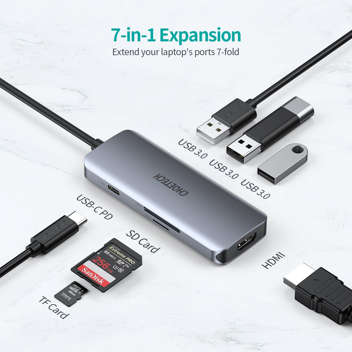 Choetech 7 in 1 USB-C Hub USB HDMI for Laptop