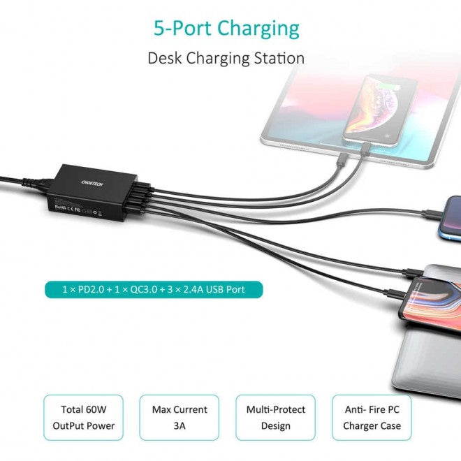 Choetech 60W 5 Port USB-C Type-C PD Fast Wall Charger