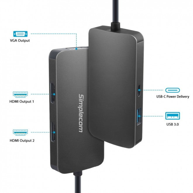 Simplecom 5 in 1 USB-C Multiport Adapter MST Hub with VGA and Dual HDMI