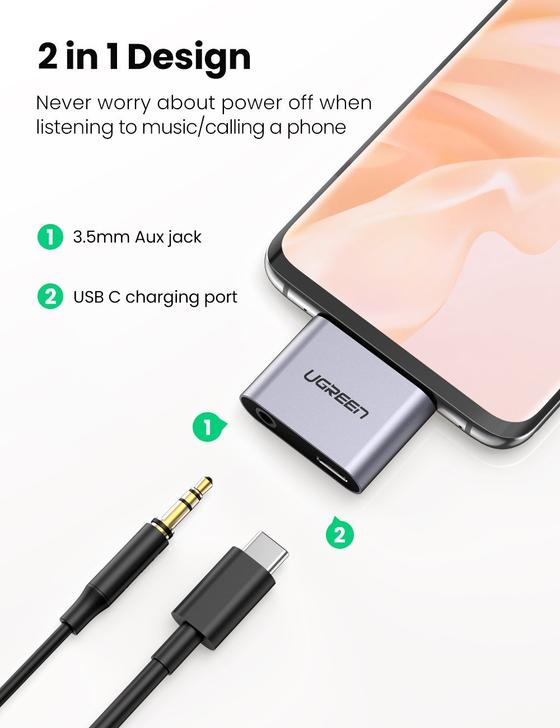 UGREEN USB Type-C and 3.5mm AUX Audio 2 in 1 Adapter with PD Charging