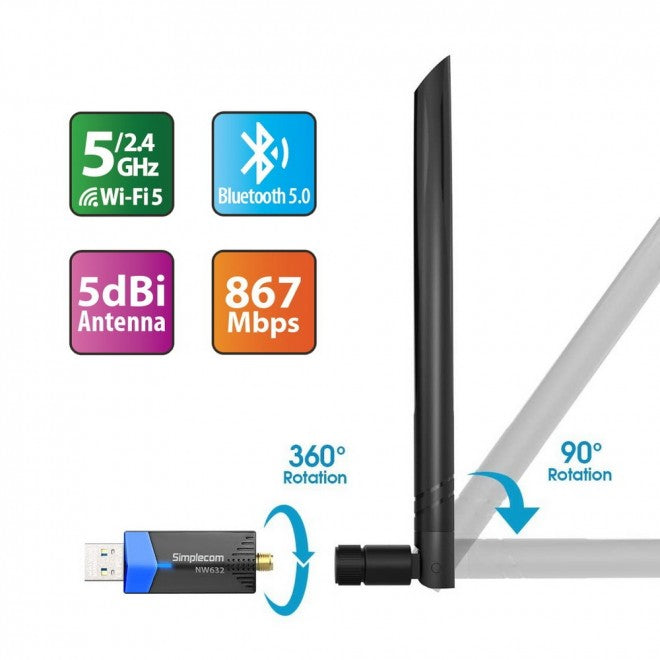 Simplecom 2 in 1 Wi-Fi 5 + Bluetooth 5.0 USB Adapter Dual Band AC1200