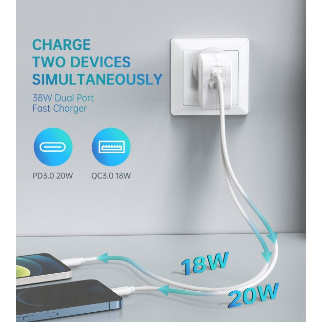 Choetech 38W Dual Port USB + USB-C Type-C Wall Charger