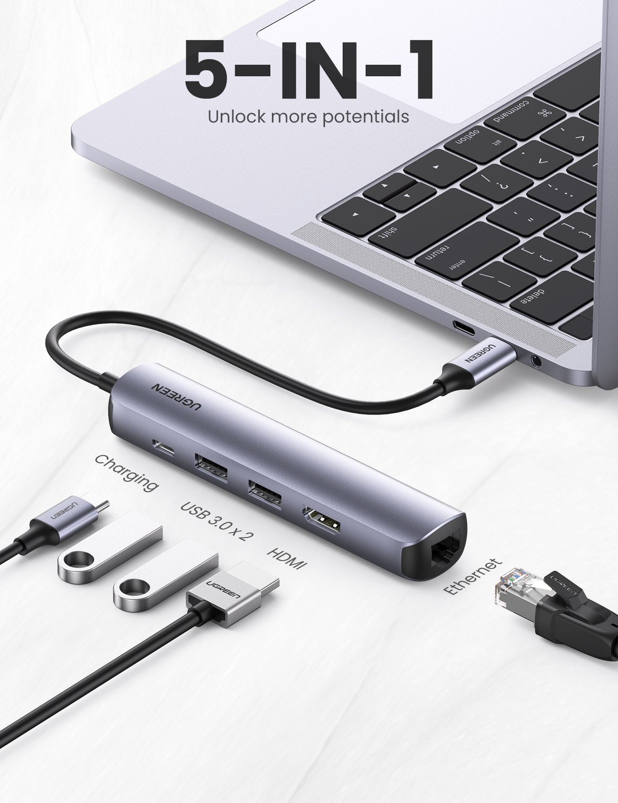 UGREEN 5-in-1 USB-C Hub Splitter Ethernet Adapter with 4K HDMI, 100W PD, 2 Port USB 3.0