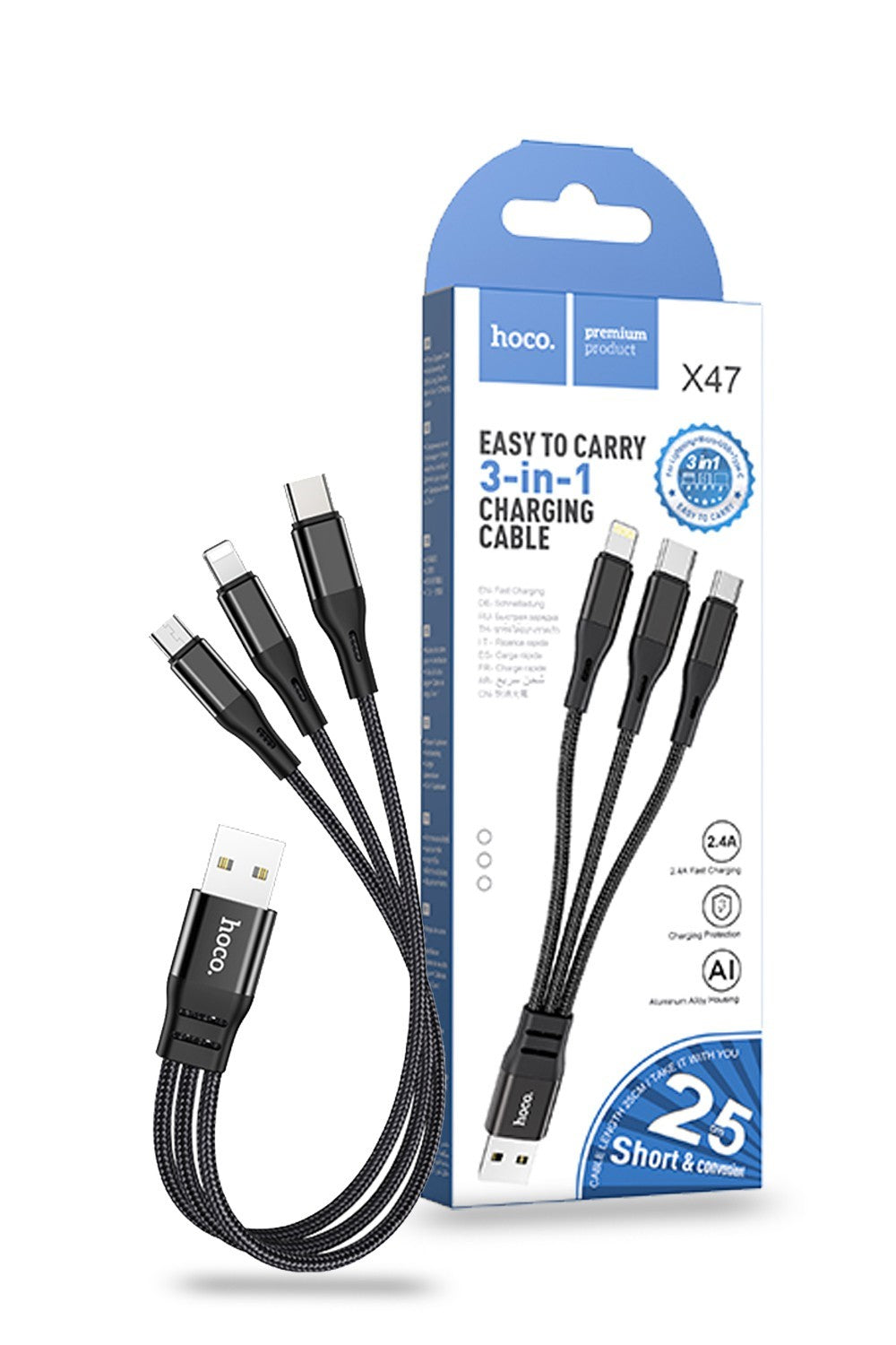 Hoco 3-in-1 USB-C Lightning Micro-USB Cable 25cm X47
